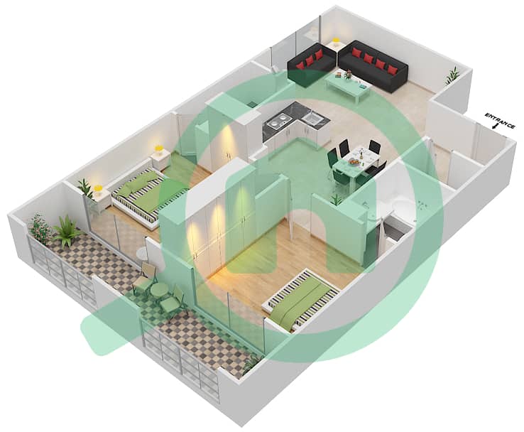 Резортс от Дануб - Апартамент 2 Cпальни планировка Единица измерения 224 Floor 2 interactive3D