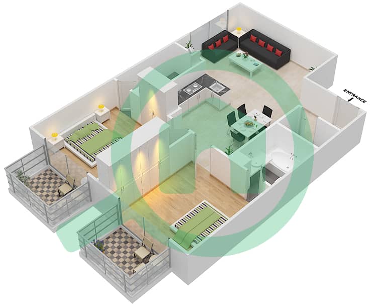 多瑙河畔度假村 - 2 卧室公寓单位424戶型图 Unit-424
Floor 4 interactive3D