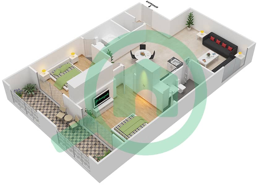 المخططات الطابقية لتصميم الوحدة 105,119 شقة 2 غرفة نوم - ريزورتز من دانوب Unit-105,119
Floor 1 interactive3D