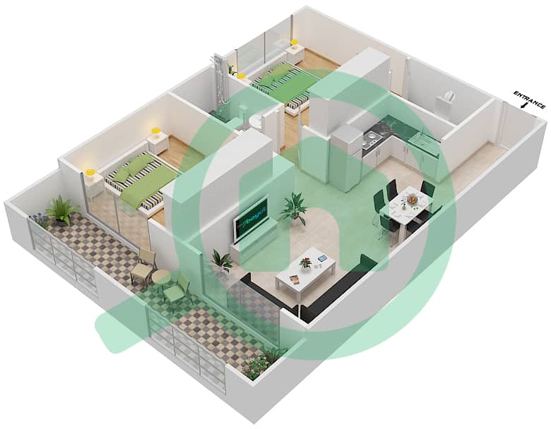 المخططات الطابقية لتصميم الوحدة 106,120 شقة 2 غرفة نوم - ريزورتز من دانوب Unit-106,120
Floor 1 interactive3D