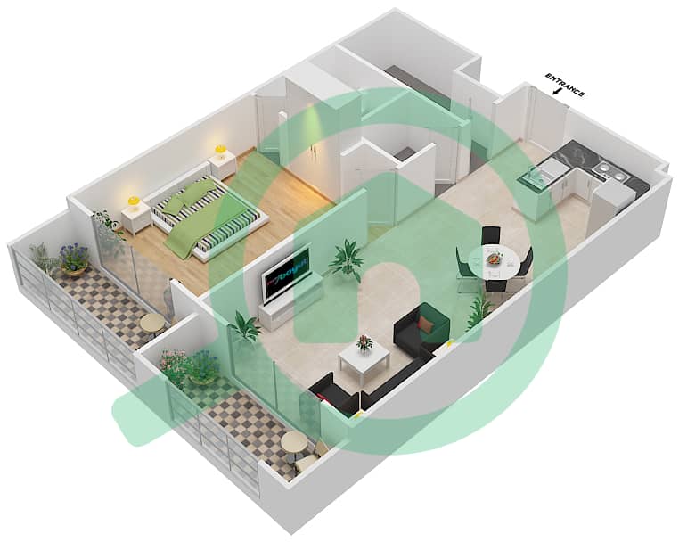 المخططات الطابقية لتصميم الوحدة 107,109,115 شقة 1 غرفة نوم - ريزورتز من دانوب Unit-107,109,115,117
Floor 1 interactive3D