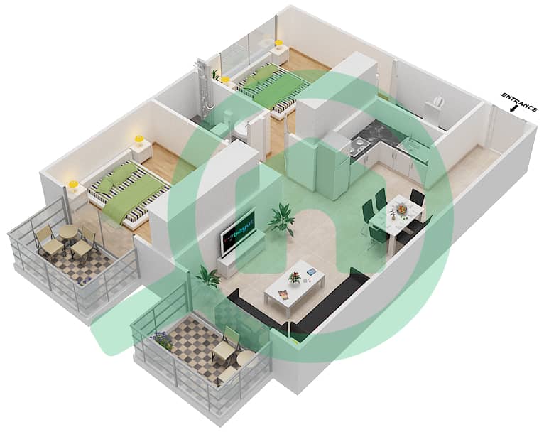 المخططات الطابقية لتصميم الوحدة 409,433 شقة 2 غرفة نوم - ريزورتز من دانوب Floor 4 interactive3D