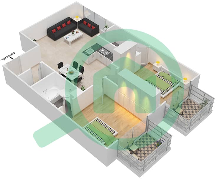 Resortz by Danube - 2 Bedroom Apartment Unit 408,432 Floor plan 408,432
Floor 4Q interactive3D