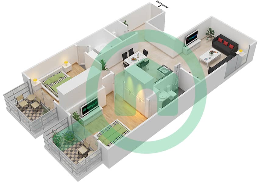 المخططات الطابقية لتصميم الوحدة 405 شقة 2 غرفة نوم - ريزورتز من دانوب Unit-405
Floor 4 interactive3D