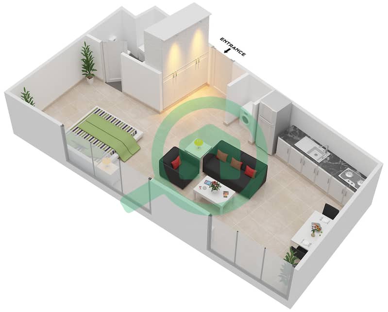 المخططات الطابقية لتصميم النموذج A شقة استوديو - برج المرجان interactive3D