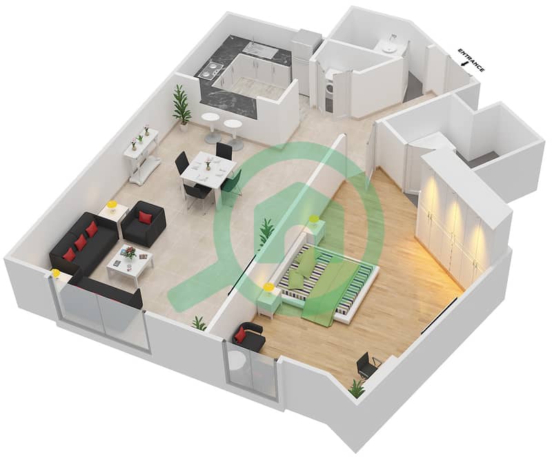 المخططات الطابقية لتصميم النموذج A شقة 1 غرفة نوم - برج المرجان interactive3D