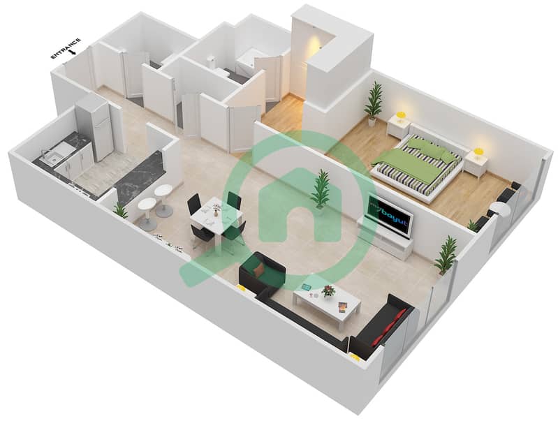 Al Murjan Tower - 1 Bedroom Apartment Type B Floor plan interactive3D