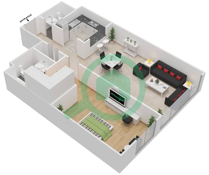 المخططات الطابقية لتصميم النموذج C شقة 1 غرفة نوم - برج المرجان interactive3D