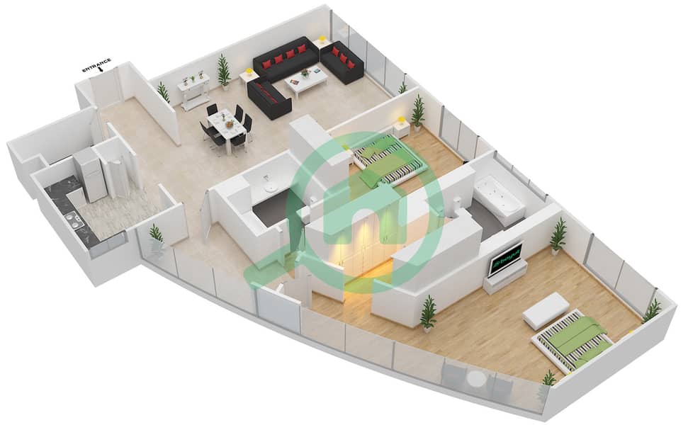 المخططات الطابقية لتصميم النموذج A شقة 2 غرفة نوم - برج المرجان interactive3D