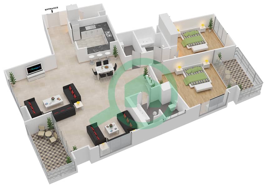 Al Murjan Tower - 2 Bedroom Apartment Type C Floor plan interactive3D
