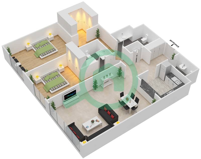 المخططات الطابقية لتصميم النموذج D شقة 2 غرفة نوم - برج المرجان interactive3D