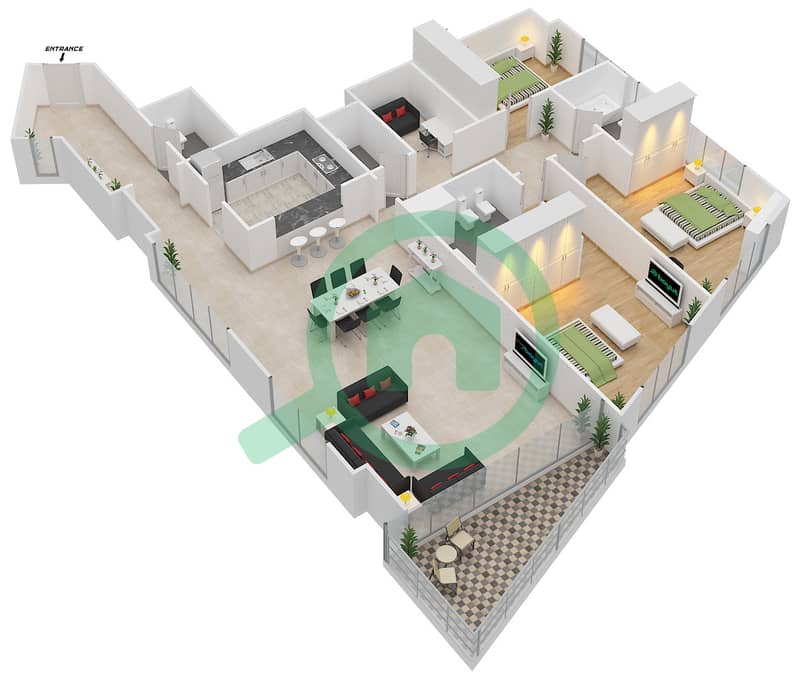 المخططات الطابقية لتصميم النموذج B شقة 3 غرف نوم - برج المرجان interactive3D