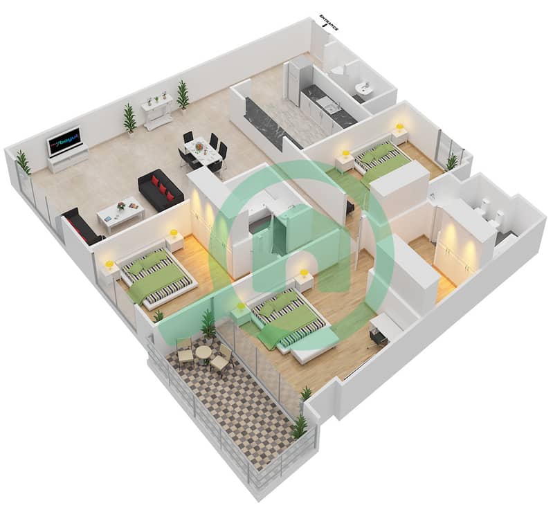 Аль Мурджан Тауэр - Апартамент 3 Cпальни планировка Тип A interactive3D
