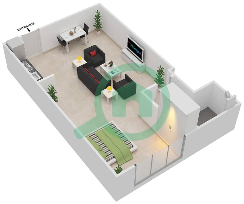 المخططات الطابقية لتصميم النموذج B شقة استوديو - برج المرجان interactive3D