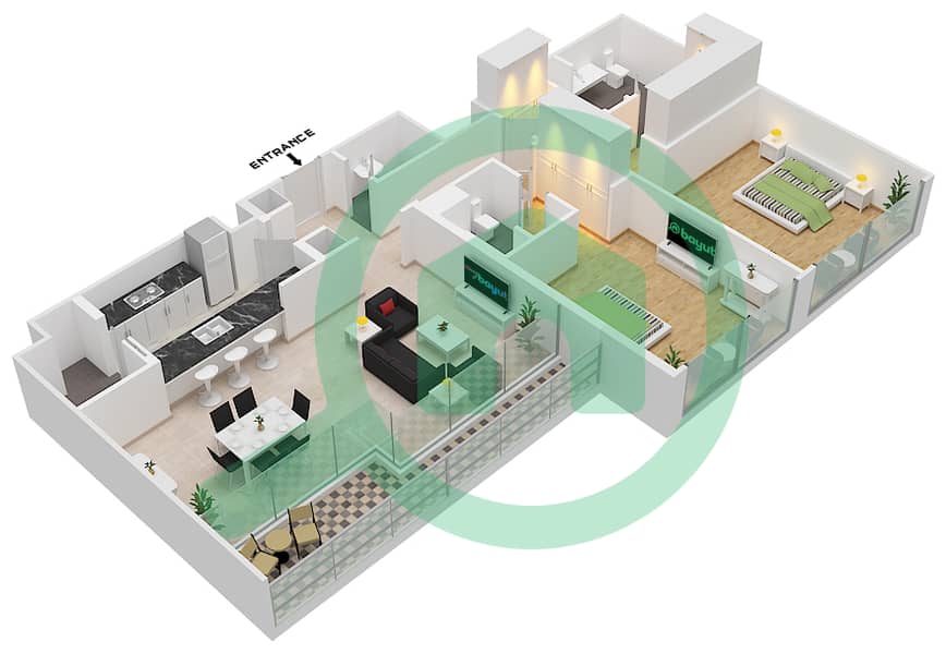 المخططات الطابقية لتصميم الوحدة 2 FLOOR 10,11 شقة 2 غرفة نوم - مساكن فيدا 1 Floor 10,11 interactive3D
