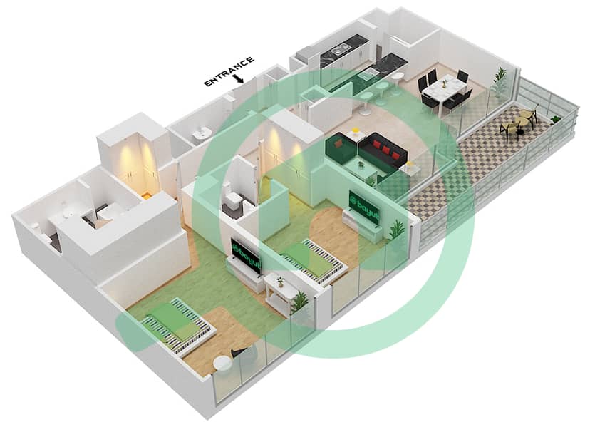 المخططات الطابقية لتصميم الوحدة 3 FLOOR 10,11 شقة 2 غرفة نوم - مساكن فيدا 1 Floor 10,11 interactive3D