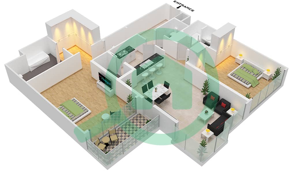 المخططات الطابقية لتصميم الوحدة 5 FLOOR 9-11 شقة 2 غرفة نوم - مساكن فيدا 1 Floor 9-11 interactive3D