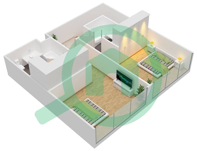 المخططات الطابقية لتصميم الوحدة 2 FLOOR 12 شقة 2 غرفة نوم - مساكن فيدا 1 Upper Floor interactive3D
