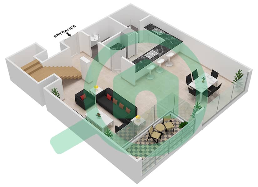 المخططات الطابقية لتصميم الوحدة 3 FLOOR 12 شقة 2 غرفة نوم - مساكن فيدا 1 Lower Floor interactive3D