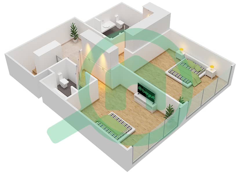 المخططات الطابقية لتصميم الوحدة 3 FLOOR 12 شقة 2 غرفة نوم - مساكن فيدا 1 Upper Floor interactive3D