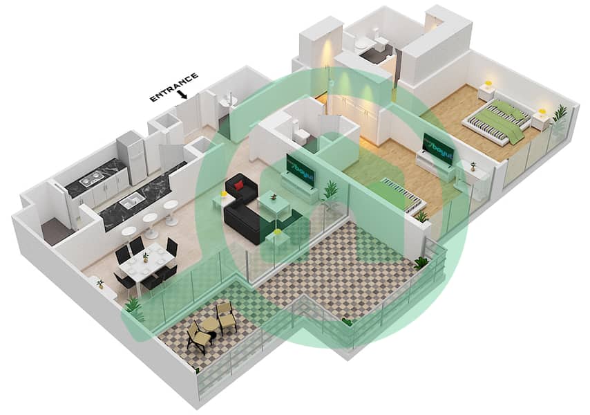 المخططات الطابقية لتصميم الوحدة 2 FLOOR 9 شقة 2 غرفة نوم - مساكن فيدا 1 Floor 9 interactive3D