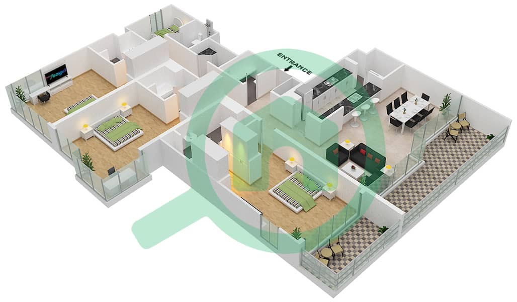 المخططات الطابقية لتصميم الوحدة 1 FLOOR 9 شقة 3 غرف نوم - مساكن فيدا 1 Floor 9 interactive3D