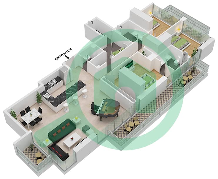 المخططات الطابقية لتصميم النموذج A شقة 3 غرف نوم - ليف ريزيدنس interactive3D