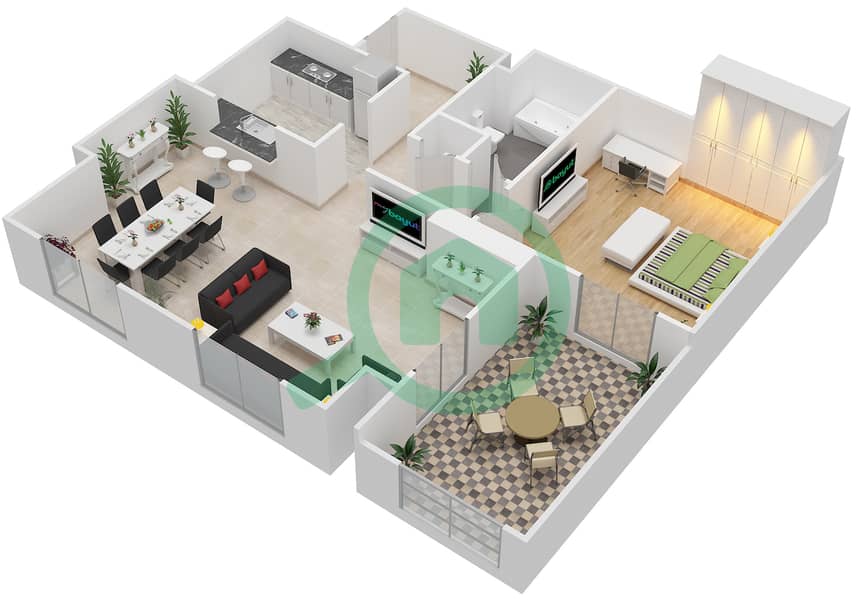 المخططات الطابقية لتصميم التصميم 1 FLOOR 1 شقة 1 غرفة نوم - ذا ريزيدينس 7 Floor 1 interactive3D