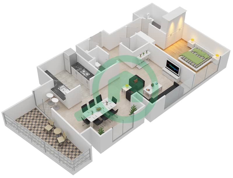 المخططات الطابقية لتصميم التصميم 2A FLOOR 2 شقة 1 غرفة نوم - ذا ريزيدينس 7 Floor 2 interactive3D