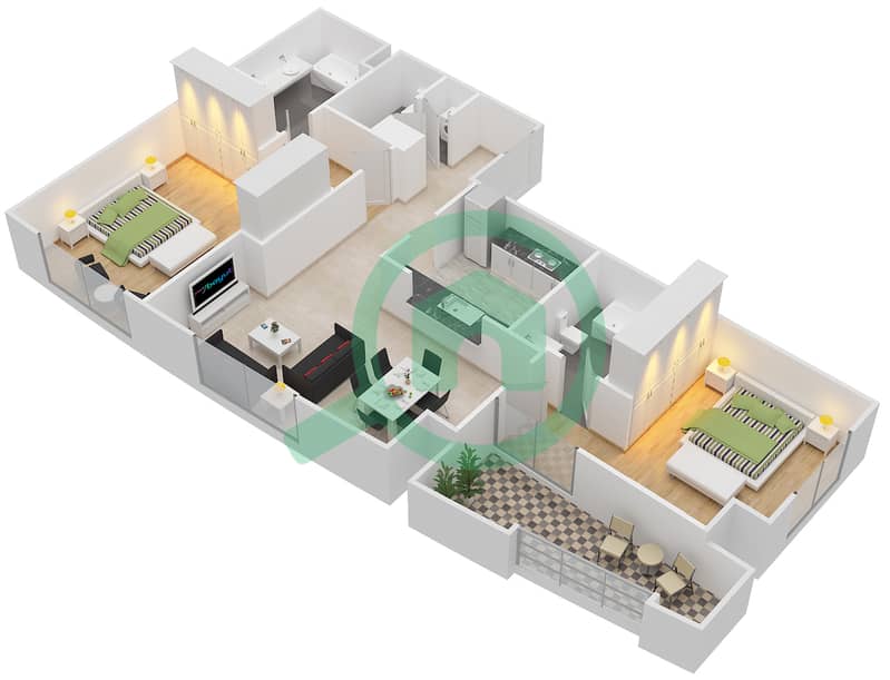 المخططات الطابقية لتصميم التصميم 2 FLOOR 1 شقة 2 غرفة نوم - ذا ريزيدينس 7 Floor 1 interactive3D