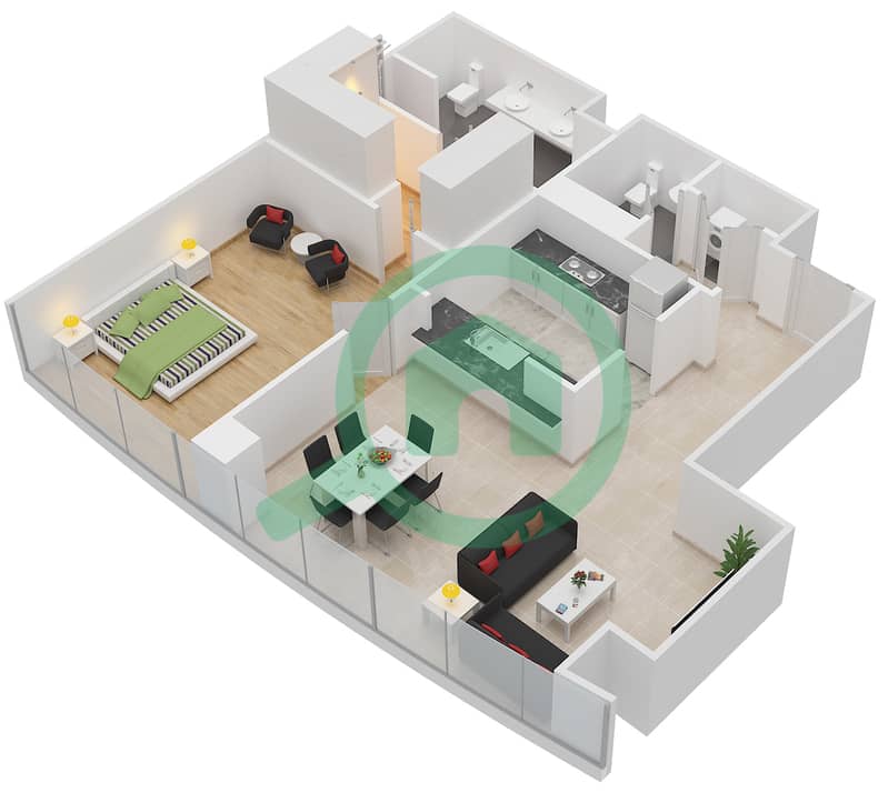 七号公寓大楼 - 1 卧室公寓套房2B FLOOR 2戶型图 Floor 2 interactive3D