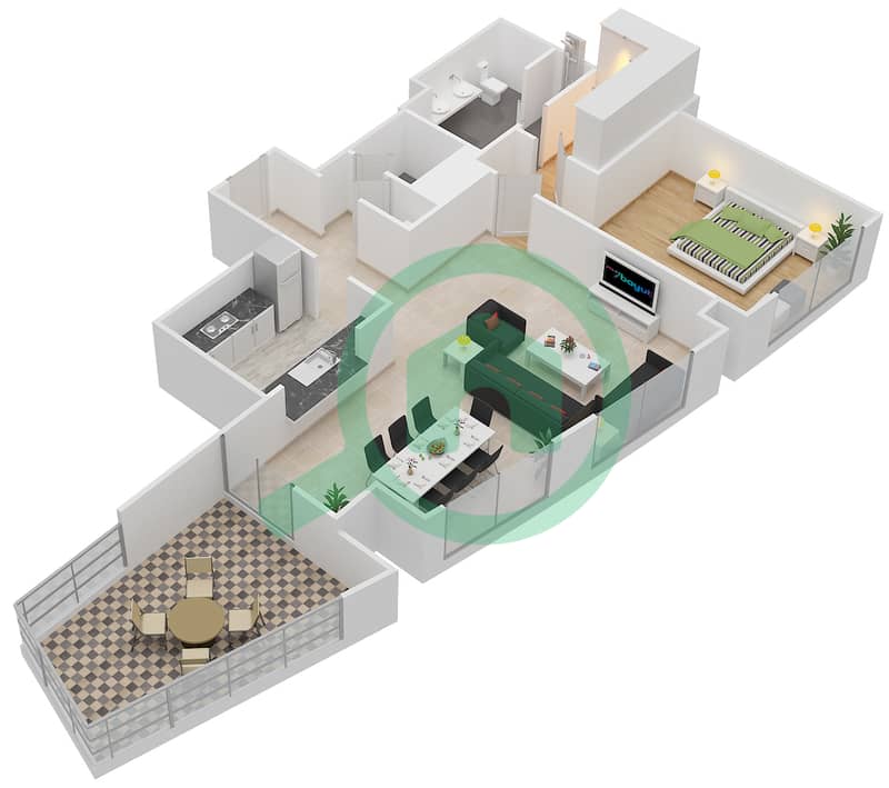 المخططات الطابقية لتصميم التصميم 3A FLOOR 1 شقة 1 غرفة نوم - ذا ريزيدينس 7 Floor 1 interactive3D