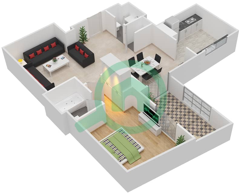 Резиденс 7 - Апартамент 1 Спальня планировка Гарнитур, анфилиада комнат, апартаменты, подходящий 3B FLOOR 1 Floor 1 interactive3D