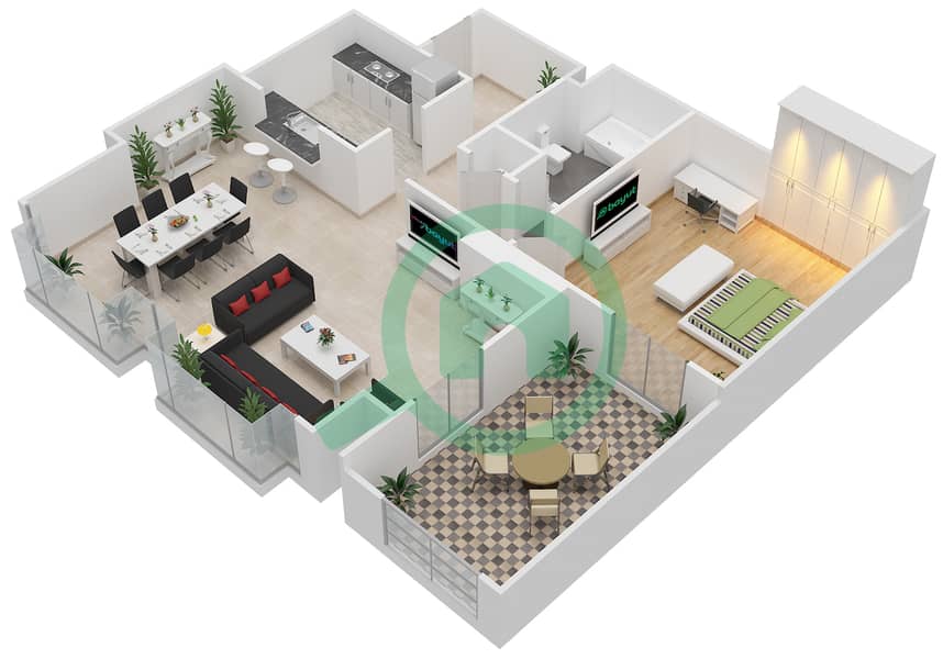 Резиденс 7 - Апартамент 1 Спальня планировка Гарнитур, анфилиада комнат, апартаменты, подходящий 1 FLOOR 2 Floor 2 interactive3D