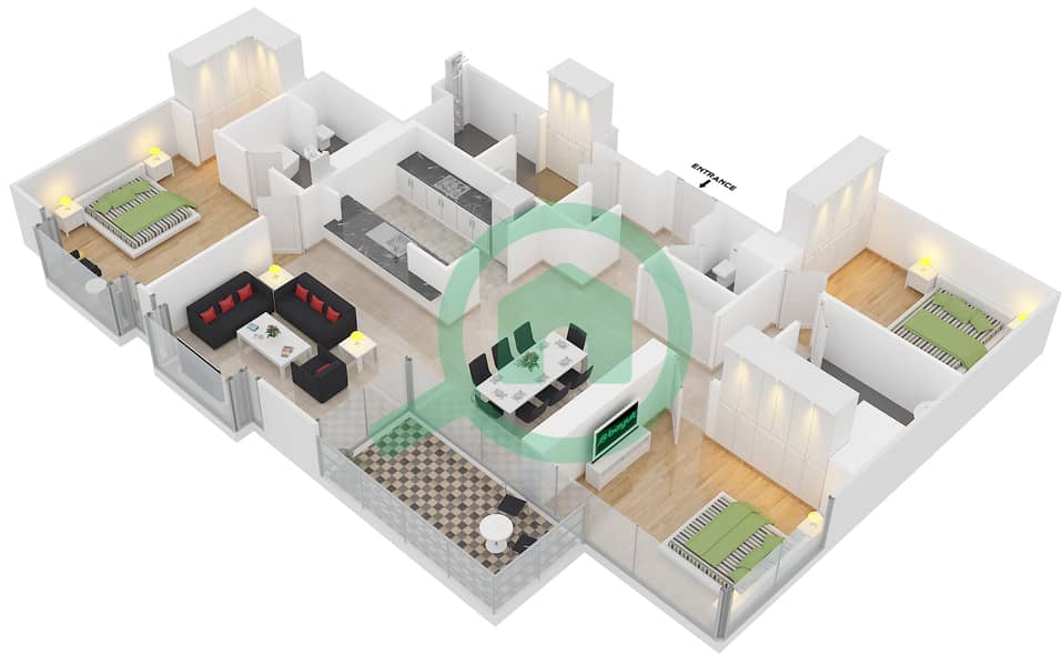المخططات الطابقية لتصميم التصميم 1 FLOOR 3-30 شقة 3 غرف نوم - ذا ريزيدينس 5 Floor 3-30 interactive3D