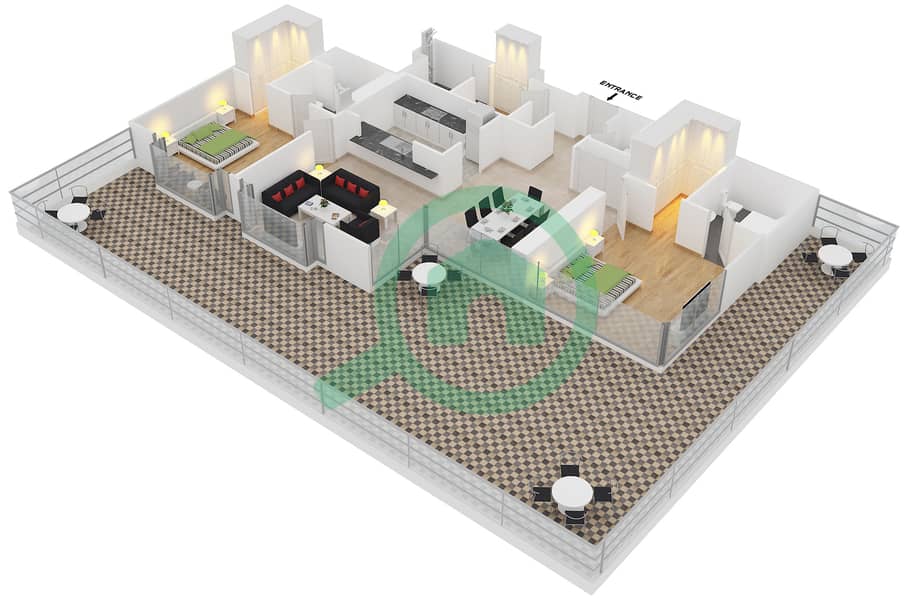 五号公寓大楼 - 2 卧室公寓套房1 FLOOR 2戶型图 Floor 2 interactive3D