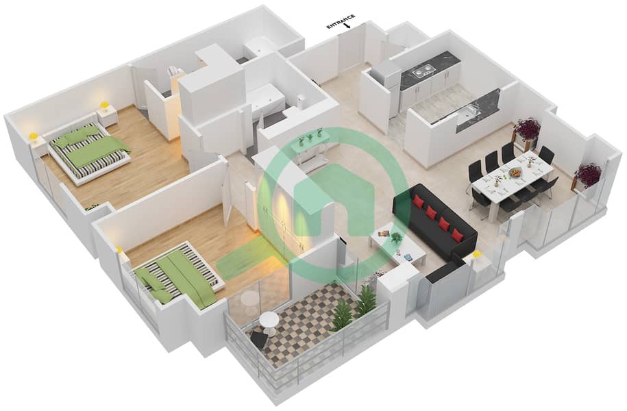 المخططات الطابقية لتصميم التصميم 4 FLOOR 3-19 شقة 2 غرفة نوم - ذا ريزيدينس 6 Floor 3-19 interactive3D