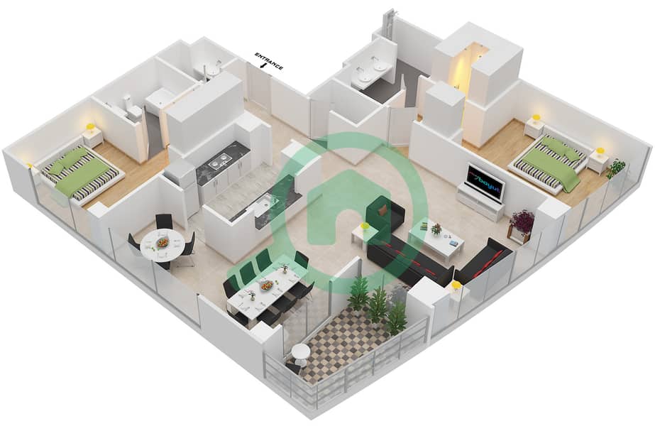 المخططات الطابقية لتصميم التصميم 3 FLOOR 4-19 شقة 2 غرفة نوم - ذا ريزيدينس 6 Floor 4-19 interactive3D