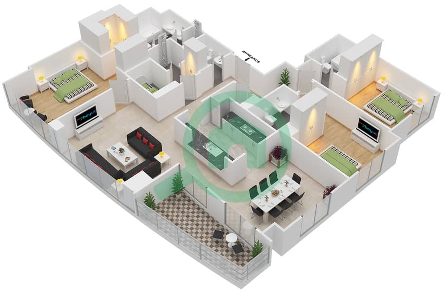 المخططات الطابقية لتصميم التصميم 2 FLOOR 4-19 شقة 3 غرف نوم - ذا ريزيدينس 6 Floor 4-19 interactive3D