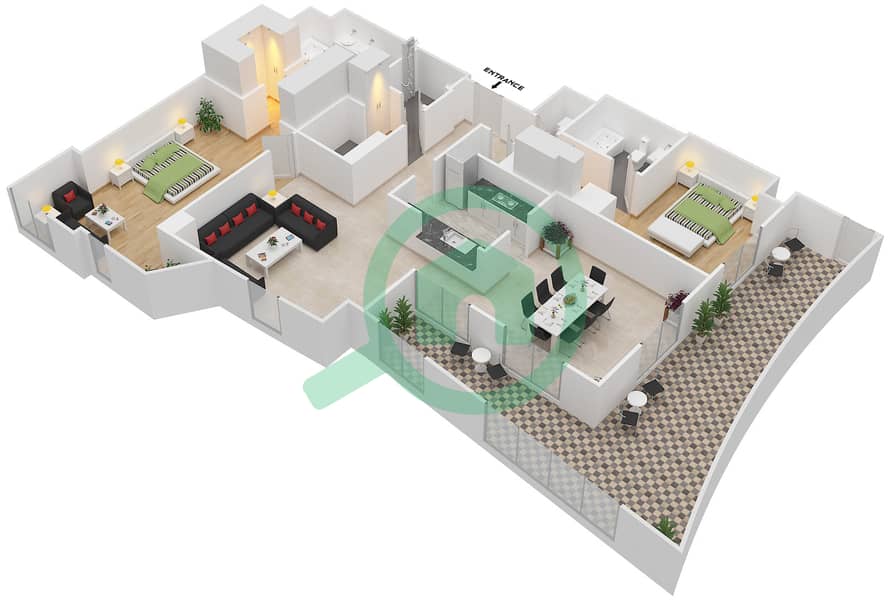 المخططات الطابقية لتصميم التصميم 2 FLOOR 2 شقة 2 غرفة نوم - ذا ريزيدينس 6 Floor 2 interactive3D