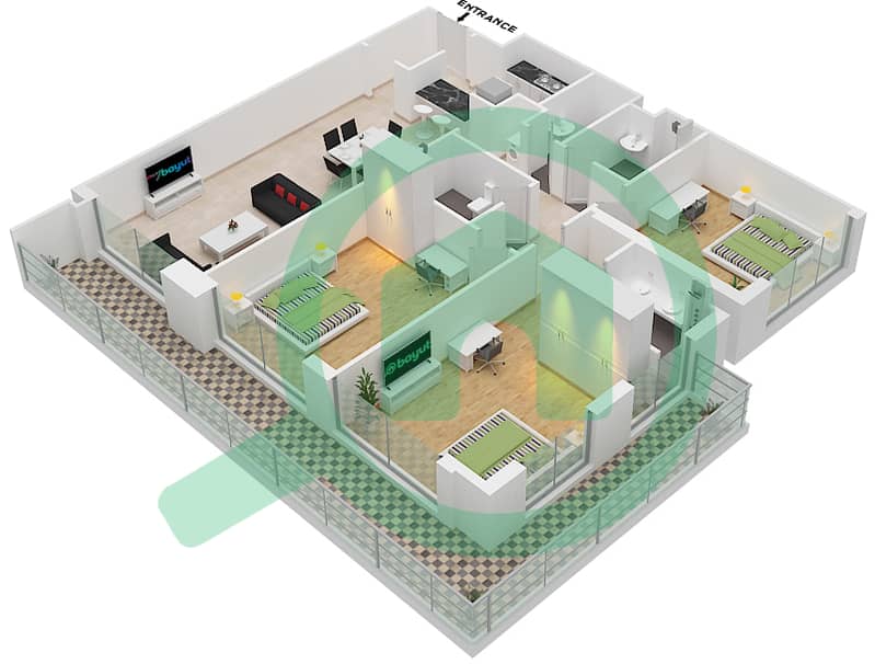 المخططات الطابقية لتصميم النموذج / الوحدة 3B1/13 FLOOR-1 شقة 3 غرف نوم - بانثيون إليزيه I Floor-1 interactive3D