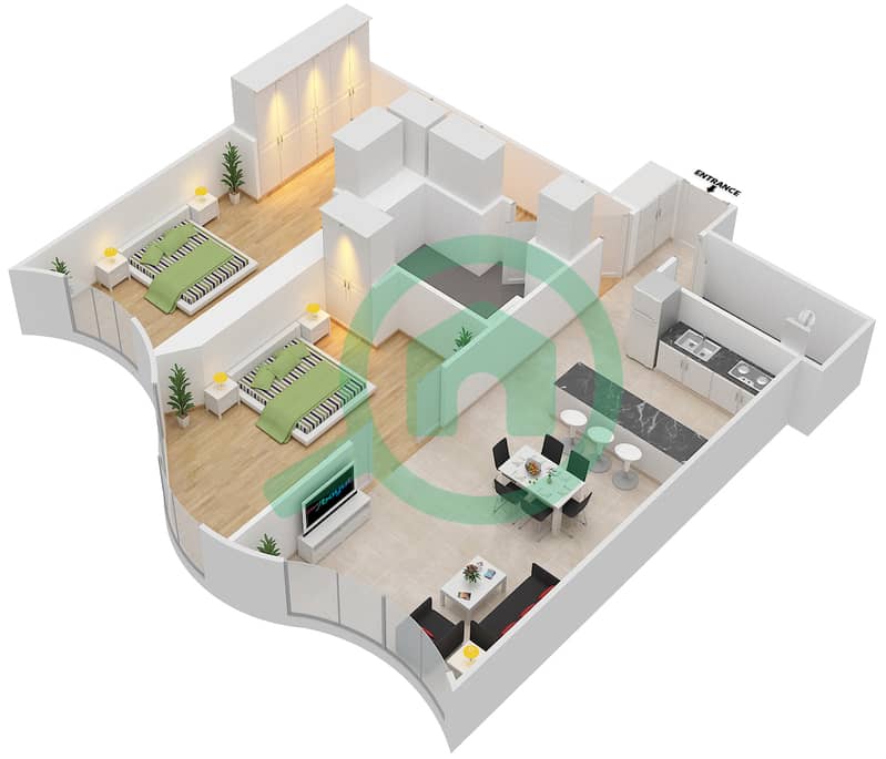 المخططات الطابقية لتصميم النموذج 1F شقة 2 غرفة نوم - برج محمد بن راشد - مركز التجارة العالمي interactive3D