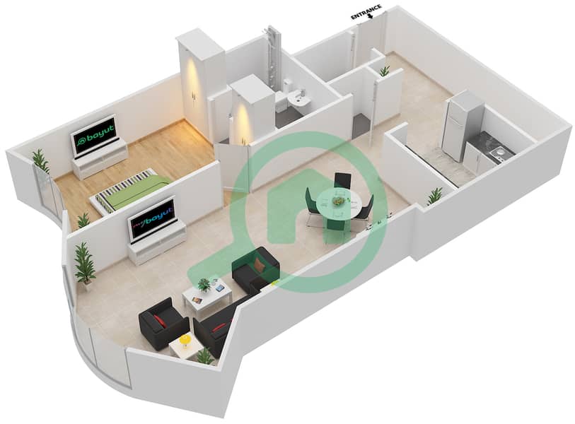 Бурж Мохаммед Бин Рашид - WTC - Апартамент 1 Спальня планировка Тип 1B interactive3D