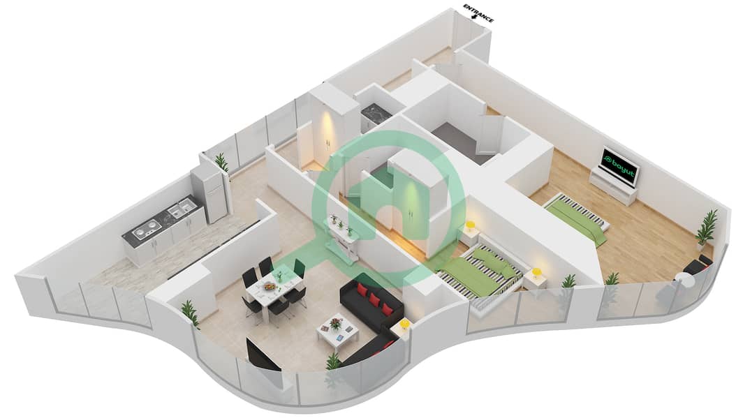 المخططات الطابقية لتصميم النموذج 2D شقة 2 غرفة نوم - برج محمد بن راشد - مركز التجارة العالمي interactive3D
