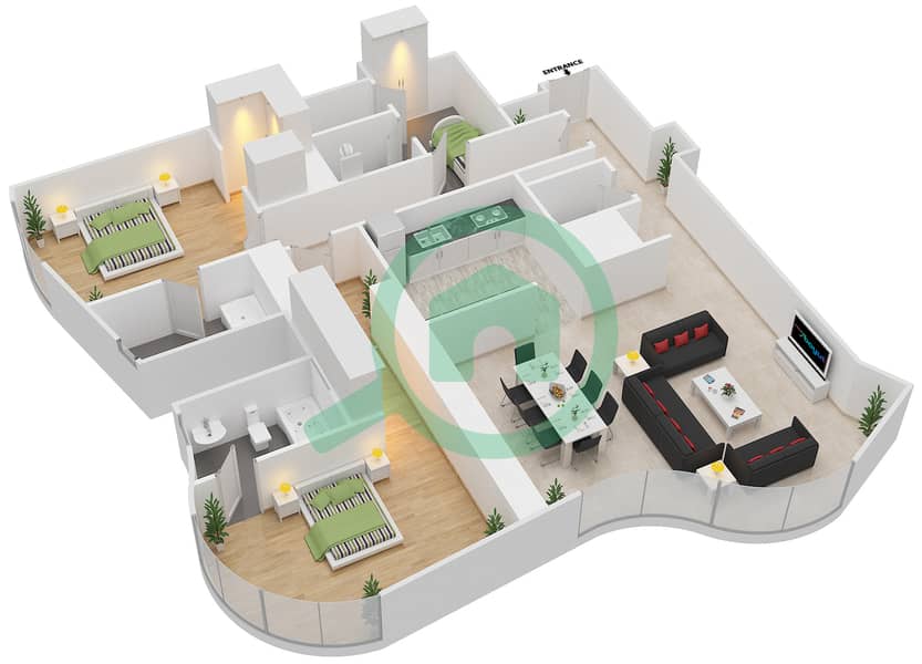 Бурж Мохаммед Бин Рашид - WTC - Апартамент 2 Cпальни планировка Тип 2B interactive3D