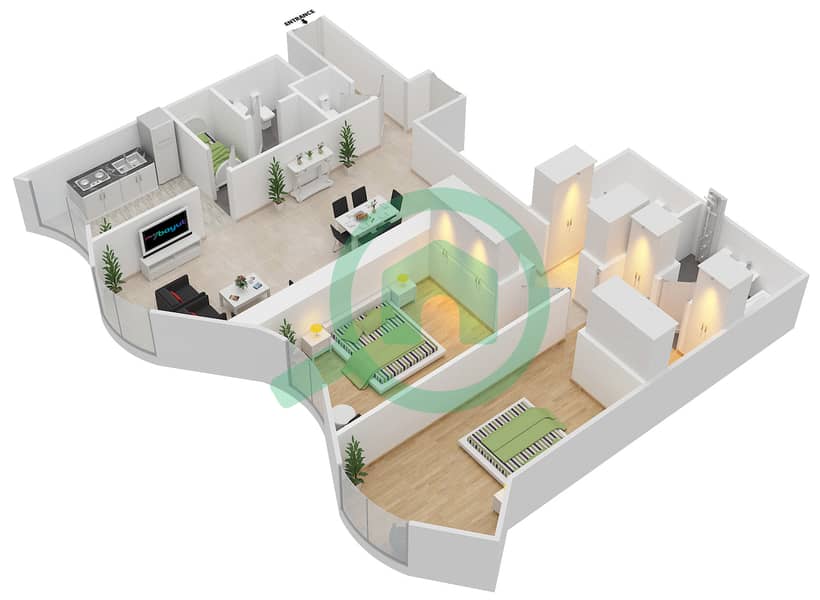 المخططات الطابقية لتصميم النموذج 3A شقة 2 غرفة نوم - برج محمد بن راشد - مركز التجارة العالمي interactive3D