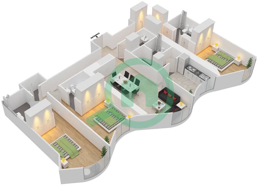 المخططات الطابقية لتصميم النموذج 3B1 شقة 3 غرف نوم - برج محمد بن راشد - مركز التجارة العالمي interactive3D