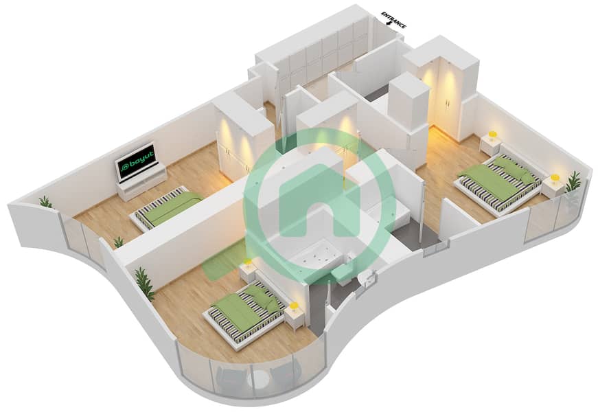 Бурж Мохаммед Бин Рашид - WTC - Апартамент 3 Cпальни планировка Тип 3B2 interactive3D