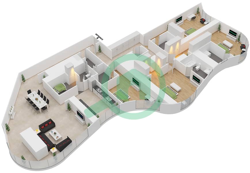 Бурж Мохаммед Бин Рашид - WTC - Апартамент 4 Cпальни планировка Тип 4A interactive3D