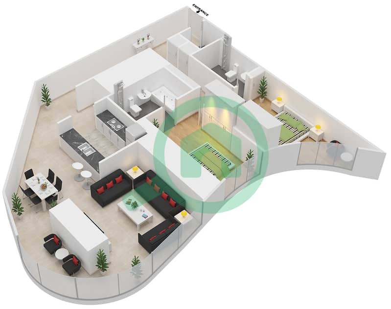 المخططات الطابقية لتصميم النموذج 2A شقة 2 غرفة نوم - برج محمد بن راشد - مركز التجارة العالمي interactive3D